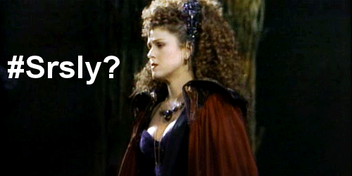 Bernadette Peters as the witch from Into The Woods, making a sarcastic face beside #Srlsly?