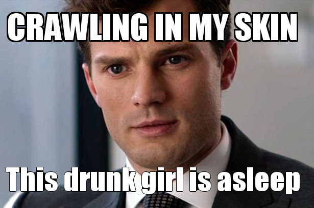 A photo of Christian Grey from the movie. Text reads: "Crawling in my skin/this drunk girl is asleep"