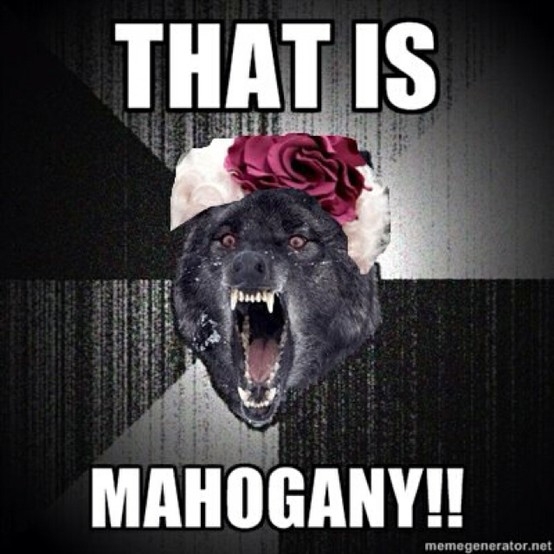angry wolf meme with Effie Trinket's hair photoshopped onto it. Text reads: "That is mahogany!"