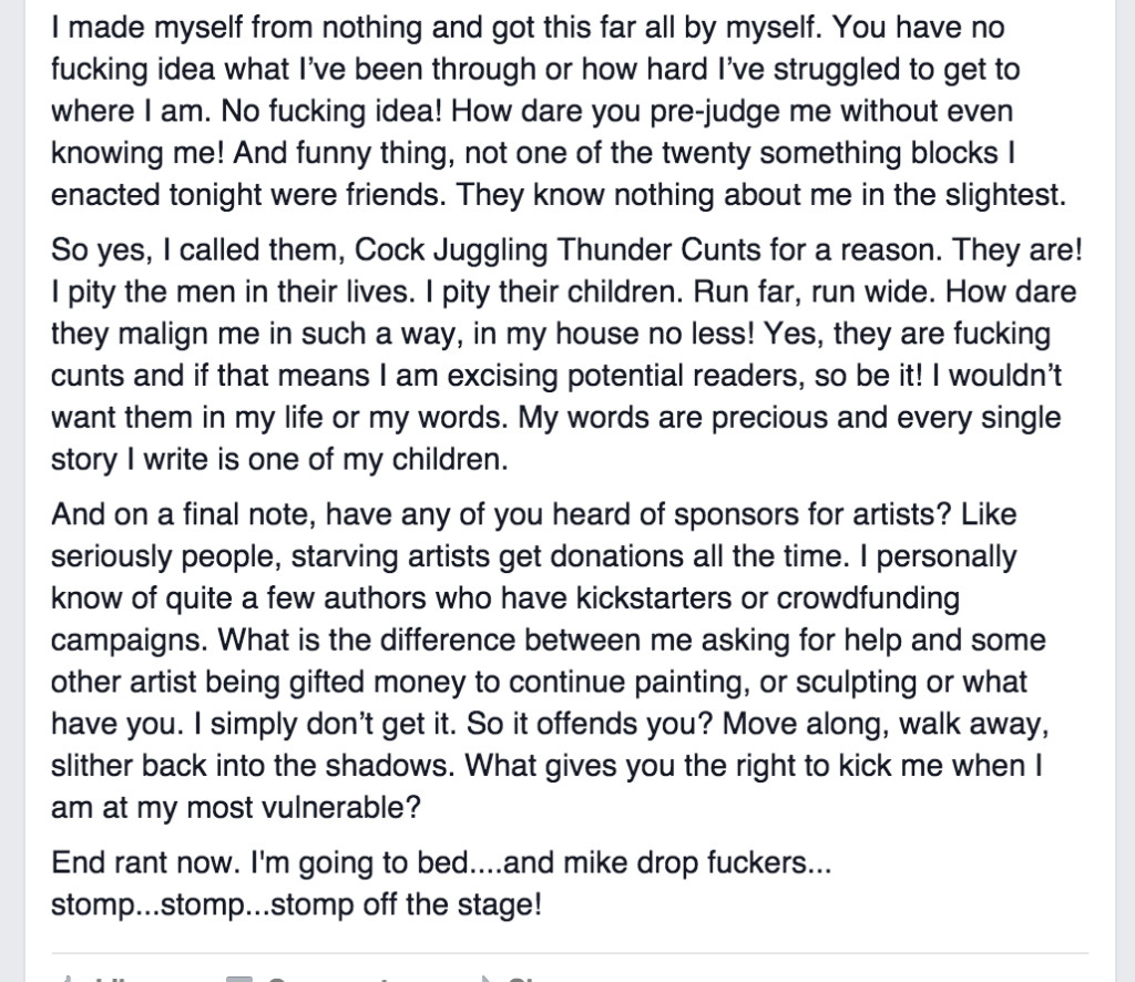 Second part of fb status update that's basically a novel.