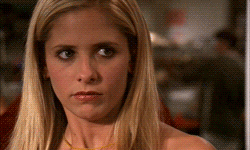 Buffy the Vampire Slayer, in the scene where she watches her new college roommate spill ketchup on her sweater. She looks increasingly annoyed as the shot cuts in tighter on her face, then close on her eyes.