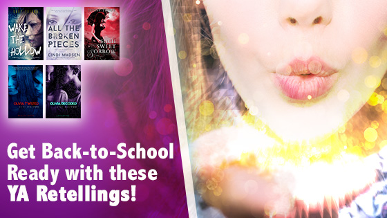 A banner with an image of a woman blowing glitter from her palm, assorted book covers, and the words "Get Back-to-School Ready with these YA Retellings!"