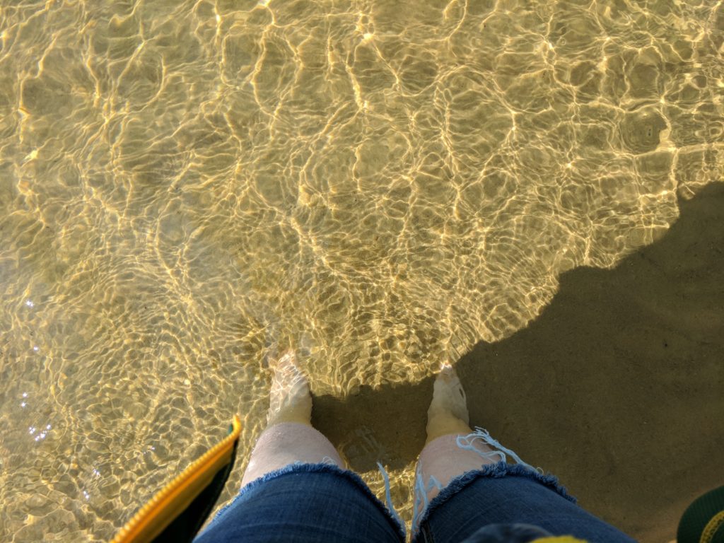 My pale legs, sticking out of jean cut-offs, shot from straight above as I stand in sun-dappled water.