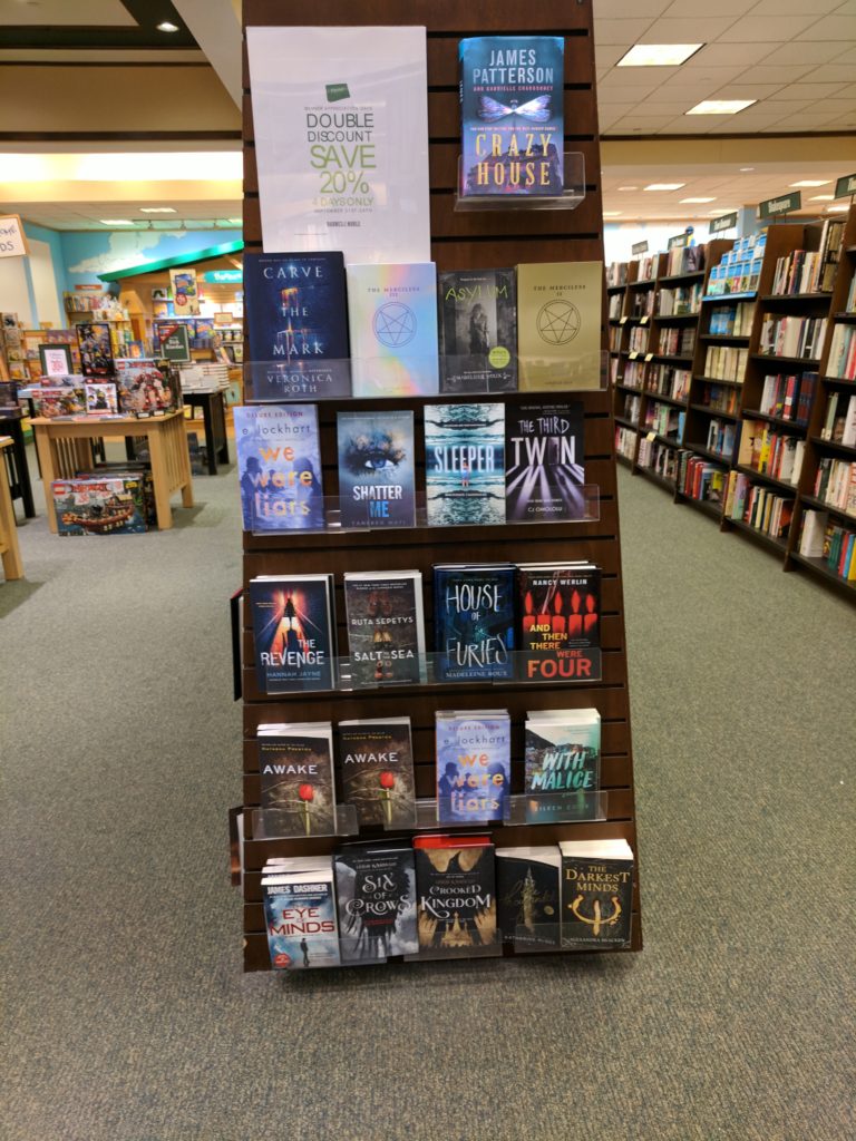 An endcap in the YA section of Barnes & Noble, where Handbook For Mortals is NOT displayed.