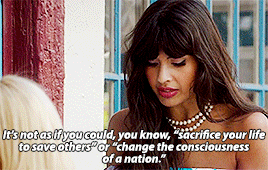 Tahani from The Good Place, saying, "It's not as if you could, you know, 'sacrifice yourr life to save others' or 'change the consciousness of a nation.' Both of which I did. Such fun!"