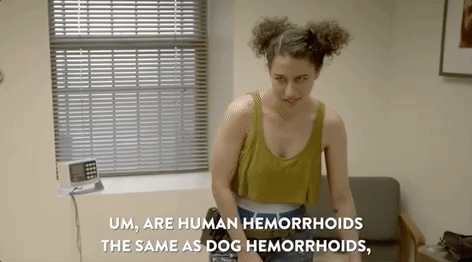 Illana on Broad City asking a veterinarian , "Um, are human hemorrhoids the same as dog hemorrhoids, and if so, does dog hemorrhoid cream work on human buttholes?"