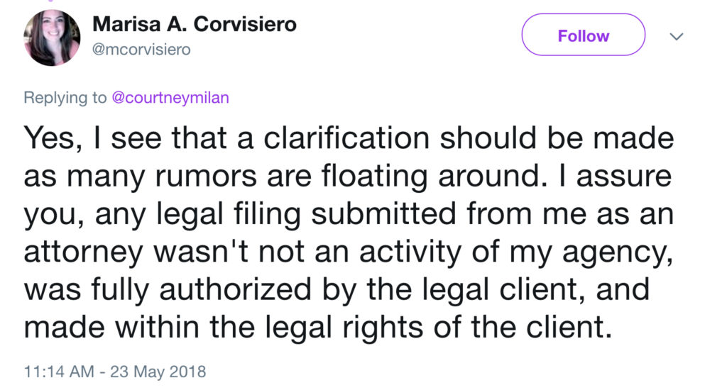 A tweet from Marisa Corvisiero: "Yes, I see that a clarification should be made as many rumors are floating around. I assure you, any legal filling submitted from me as an attorney wasn't not an activity of my agency, was fully authorized by the legal client, and made within the legal rights of the client."