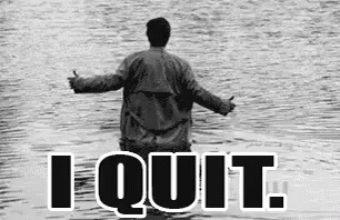 Castiel from Supernatural walking into water with his arms wide open with the words "I quit" at the bottom.
