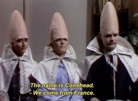 The Coneheads from Saturday Night Live saying, "The name is Conehead. We come from France."