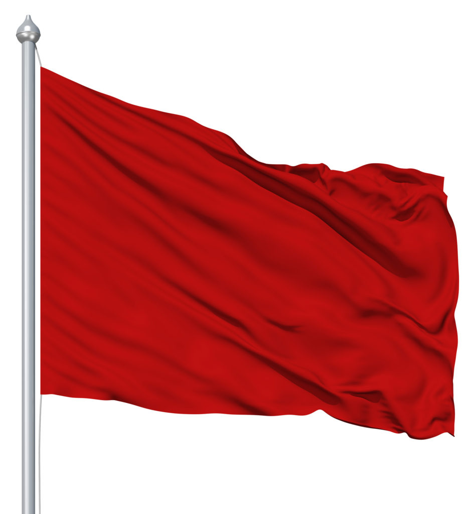 Red blank flag with flagpole waving in the wind against white background