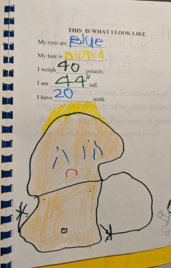 A worksheet with the answers provided in a kid's handwriting: "My hair is: blond. I weigh: 40 lbs. I am: 44" tall. I have 20 teeth." Beneath all this is a crude drawing of a naked child crying with a sad mouth.