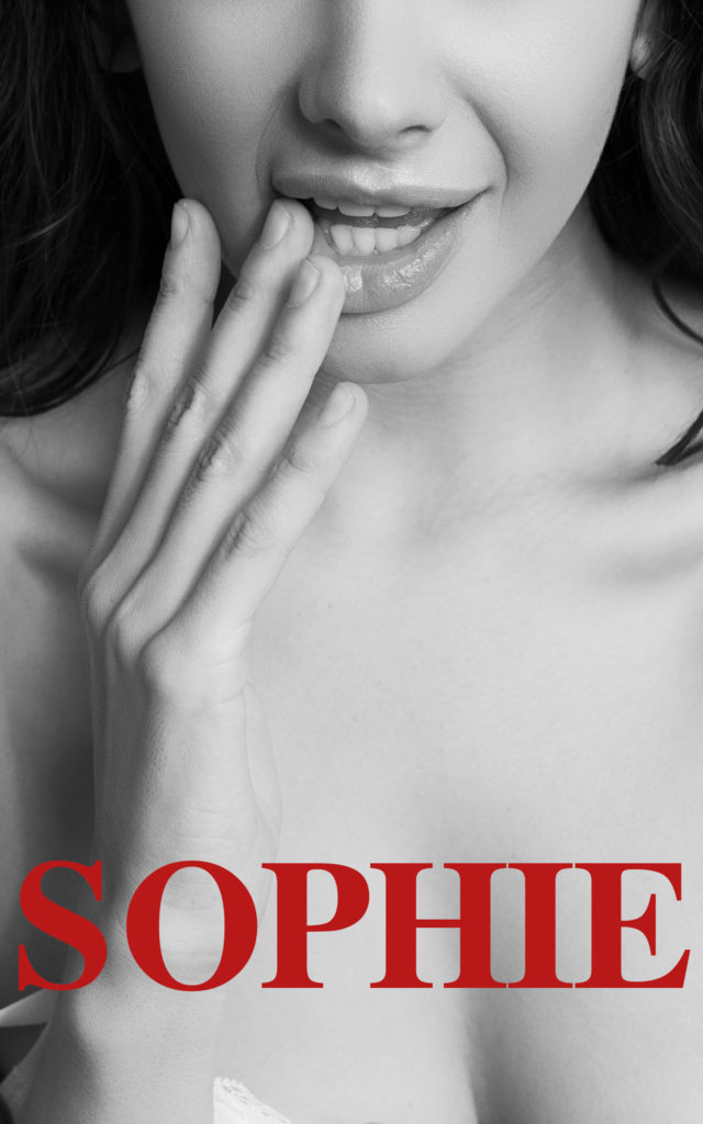 Black and white photo of a brunette with long hair, shown from just under the eyes, down to her cleavage. She's wiping the corner of her mouth with her fingertips in a suggestive manner. SOPHIE is printed across the bottom in huge letters.