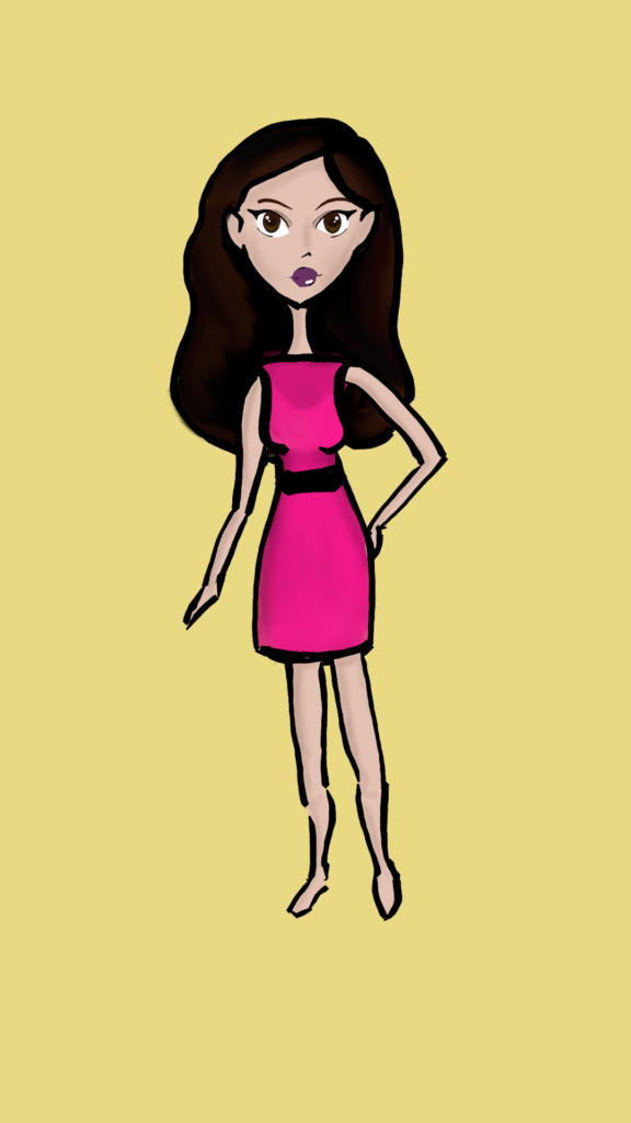 I drew Sophie with a big head, long neck, pink dress, and...no shoes.