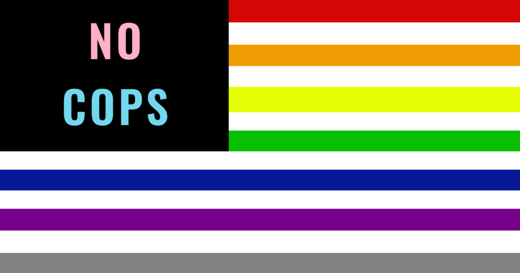 The "No Cops At Pride" flag is based off the American flag, but with rainbow stripes and the gray asexual flag stripe instead of red ones. The field of stars is black, with NO COPS in block letters in the pink and blue of the transgender flag.