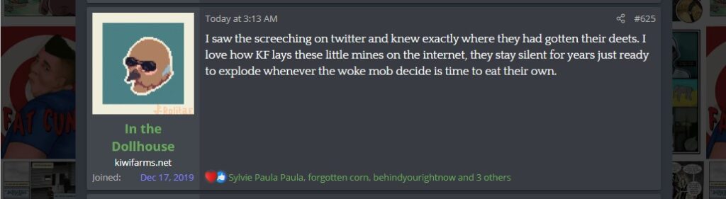 screenshot of a Kiwi Farms post by In the Dollhouse on August 1, 2021  Text to follow.