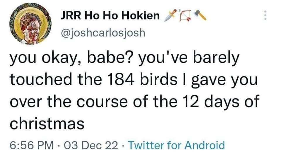 a tweet from JRR Ho HO Hokien, @joshcarlosjosh: "you okay babe? you've barely touched the 184 birds I gave you over the course of the 12 days of christmas"