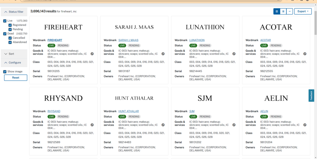 A screen shot of the US Trademark office's website, listing "Fireheart", "Sarah J. Maas", "Lunathion," "ACOTAR," "Rhysand," "Hunt Athalar," "SJM," and "Aelin" as pending trademarks.
