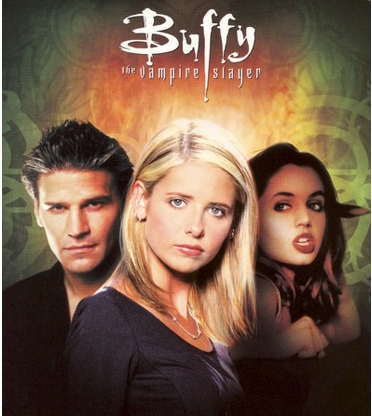 The season 3 DVD cover, which features Buffy flanked by Angel and Faith (who is brandishing a stake) against a green and gold background.