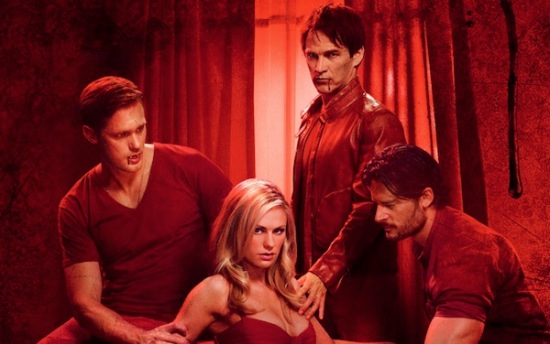 A promotional image from True Blood season 4; Sookie is flanked by Eric and Alcide, while Bill stands behind her. The whole picture is in red tones.