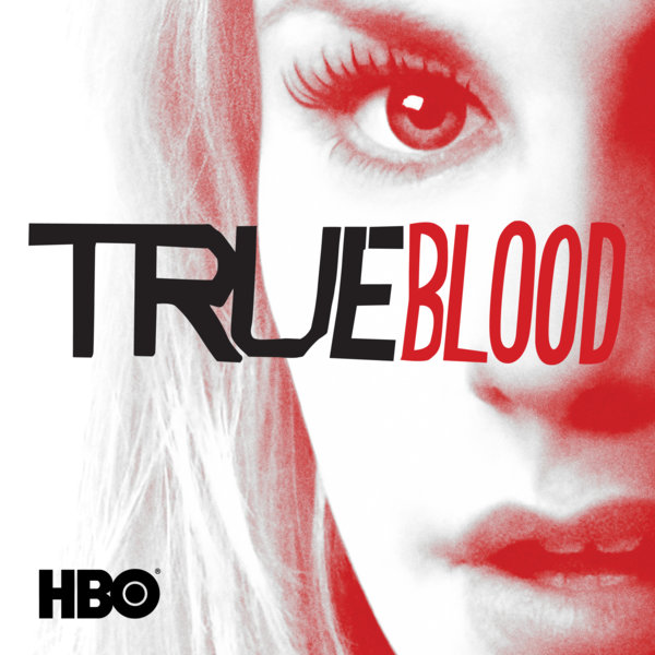 True Blood season 5 DVD cover, with Sookie's face in red and white and True Blood across it in capital letters.