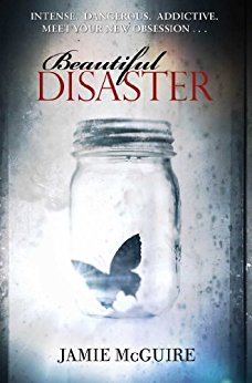 The cover of Beautiful Disaster features a dirty-looking gray background and the image of a butterfly in a jar.